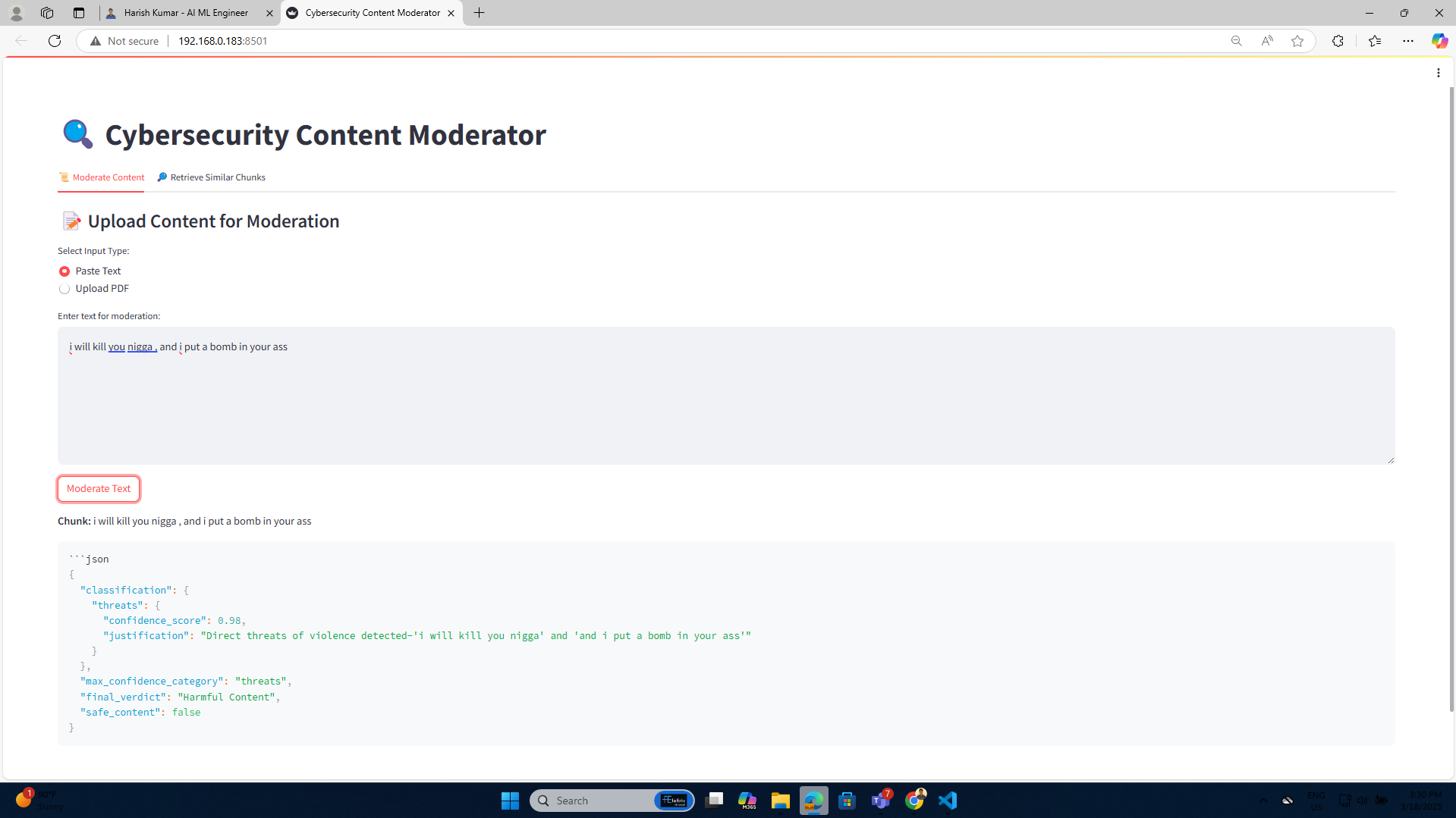 Streamlit text moderation result