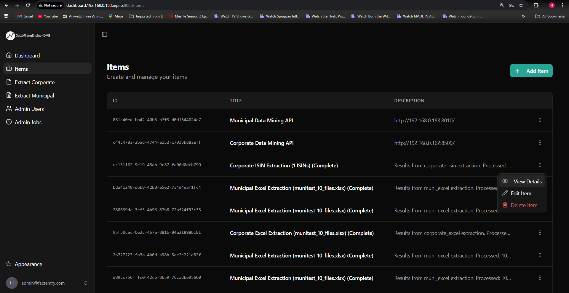 Admin Items List