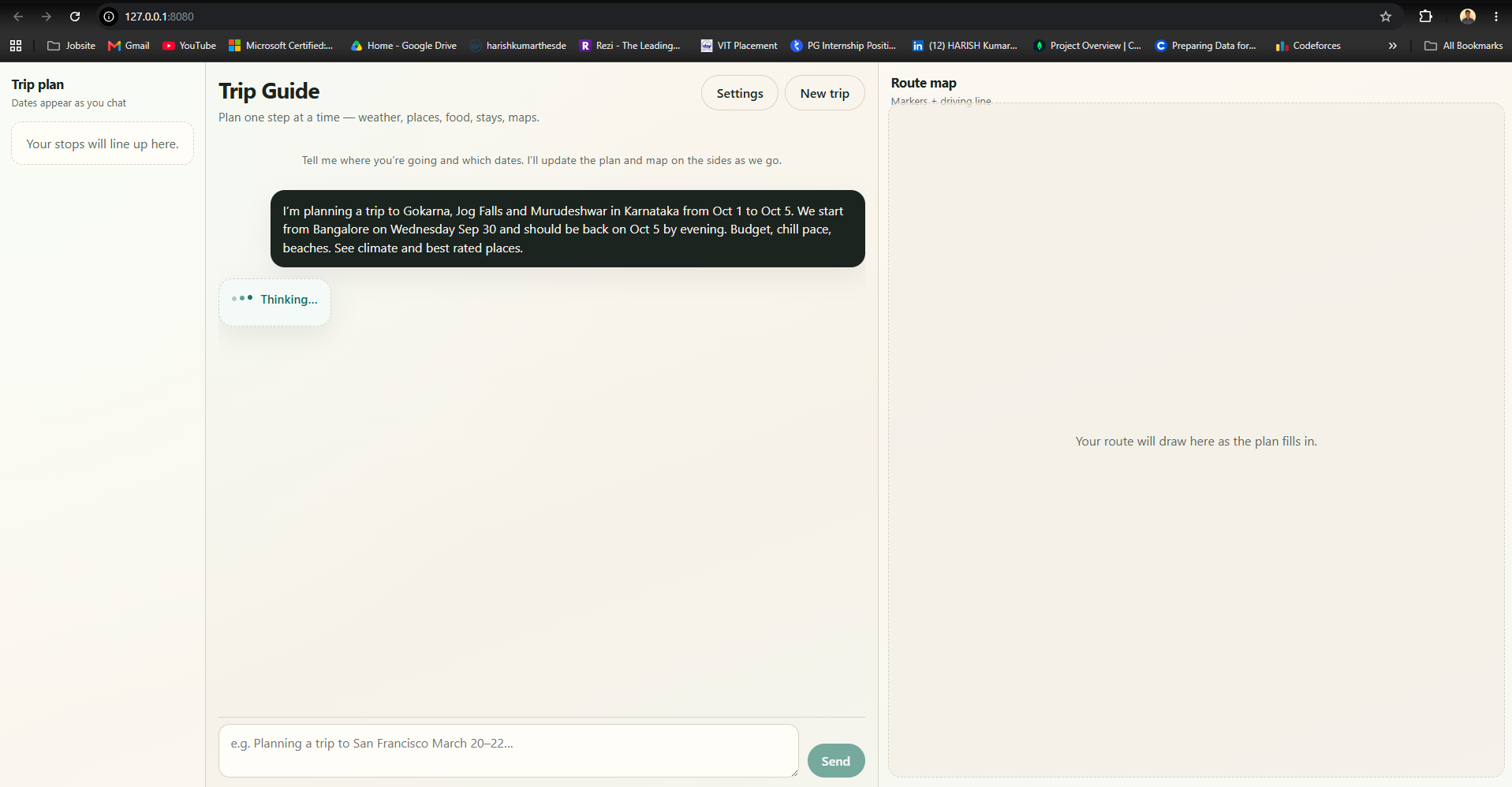 Trip Guide UI with chat prompt in flight